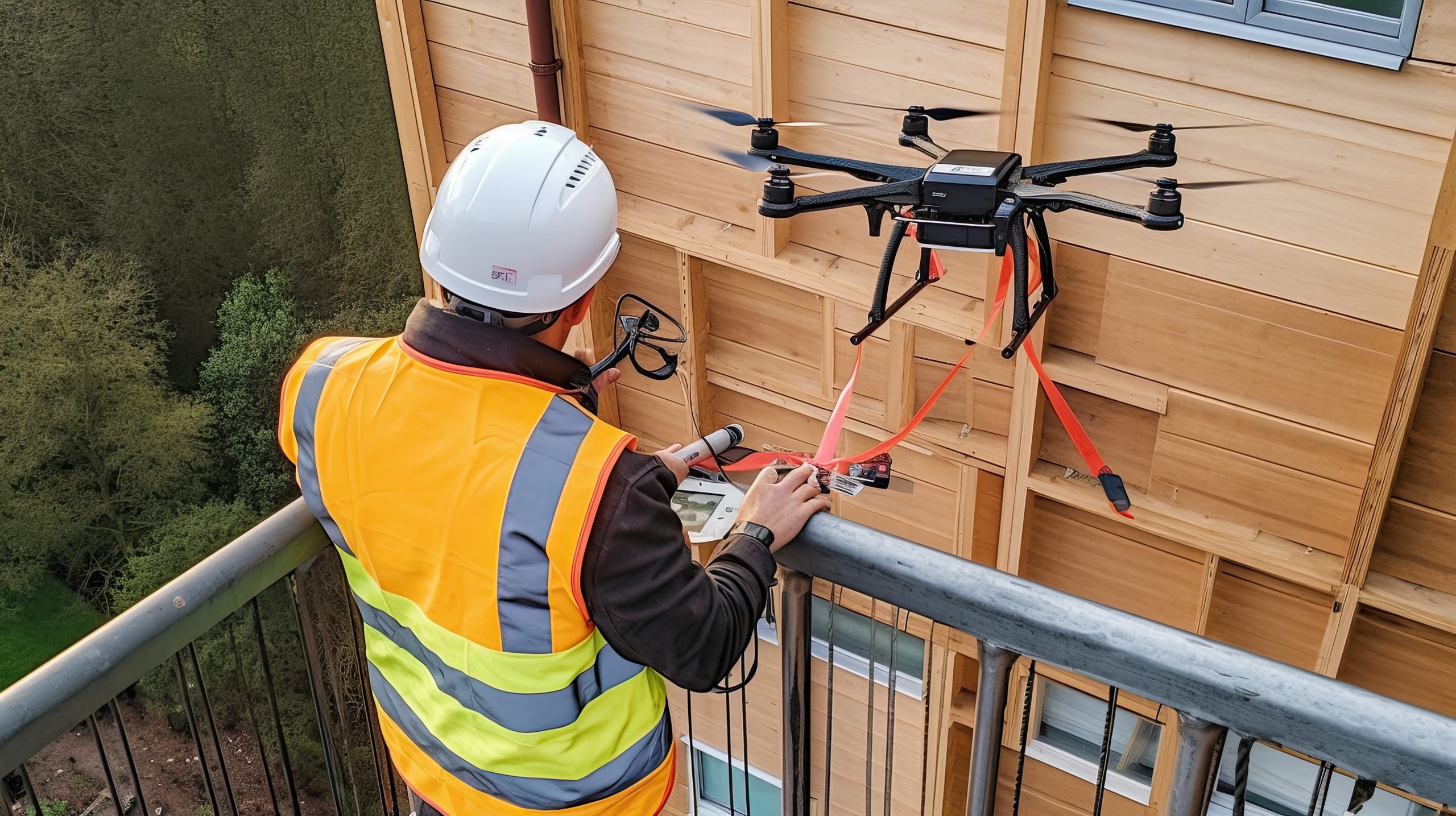 a man wearing a safety vest and hard hat holding a remote control device in front of a house with a wooden wall behind him